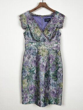 Theia Silk Monet Midi Dress Tweed Fringe Cocktail Wedding Guest Garden Party 10